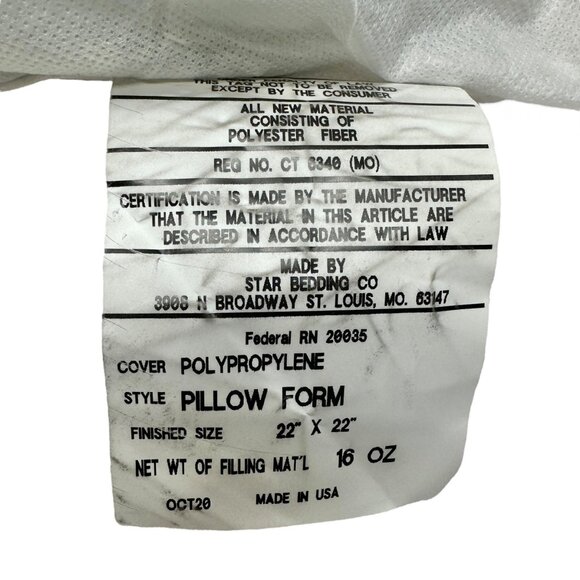 Pillow Form 22 X 22 Square Polyester Fiber Insert By Star Bedding Co. - Picture 2 of 3